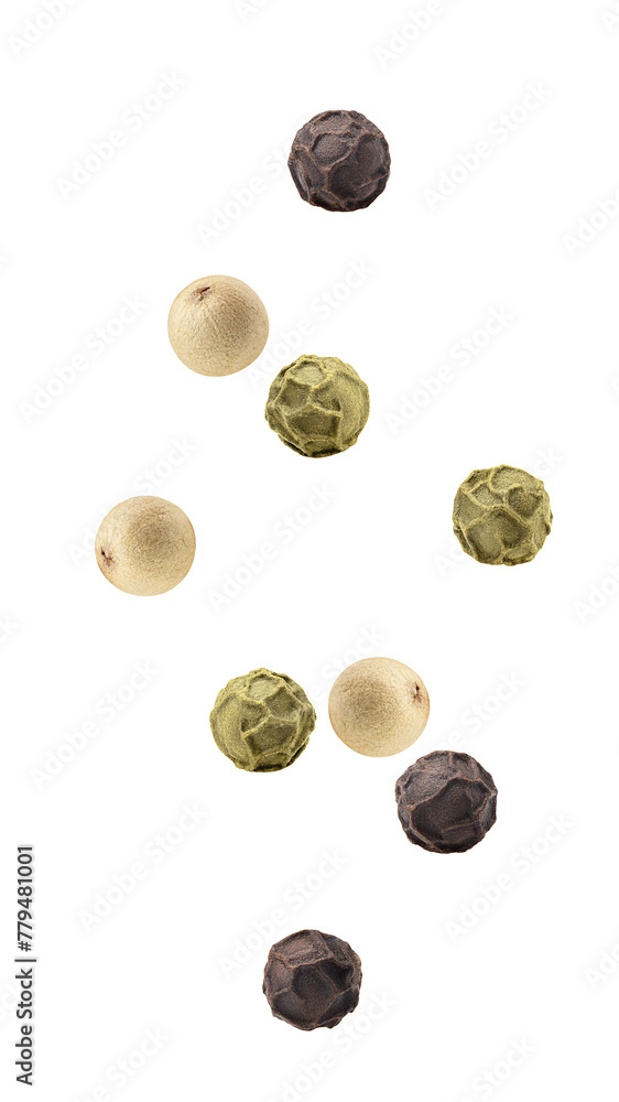 Falling green, white, black pepper, peppercorn, isolated on white background, full depth of field Falling green, white, black pepper, peppercorn, isolated on white background, full depth of field