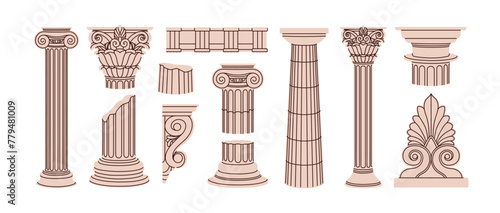 Greek antique architecture elements set. Ancient columns, Roman pillars and vintage constructions. Hand-drawn old classic architectural structures. Vector illustration isolated on white background