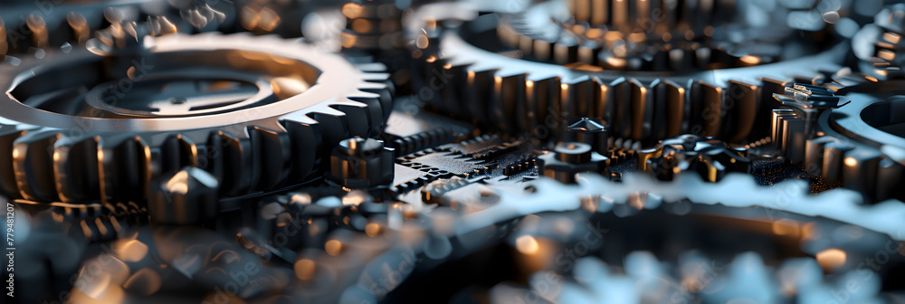 Close up of interlocking metal gears in motion, Gear Mechanism: Close-Up of Interlocking Gears in Action Close up of interlocking metal gears in motion, Gear Mechanism: Close-Up of Interlocking Gears in Action