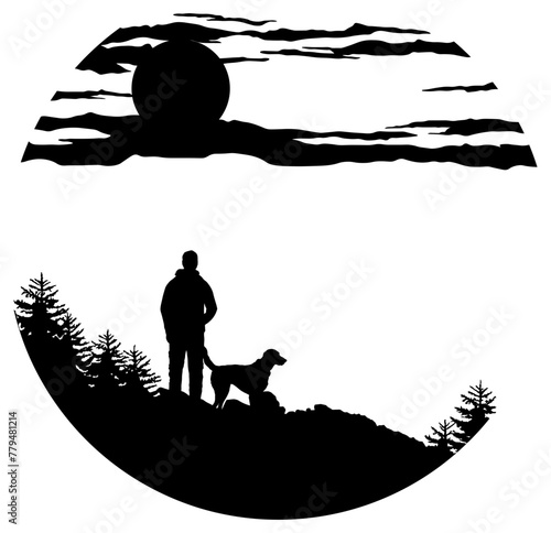 black silhouette of a man with a dog