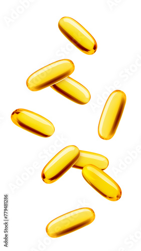 Konstfotografi Falling Fish oil pill, omega 3, isolated on white background, full depth of fiel