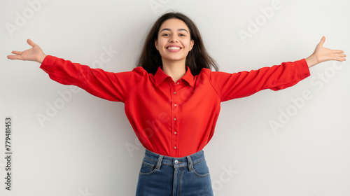 Full length photo of cheerful positive lady dressed red shirt standing hands arms waist isolated white color background High resolution professional photography