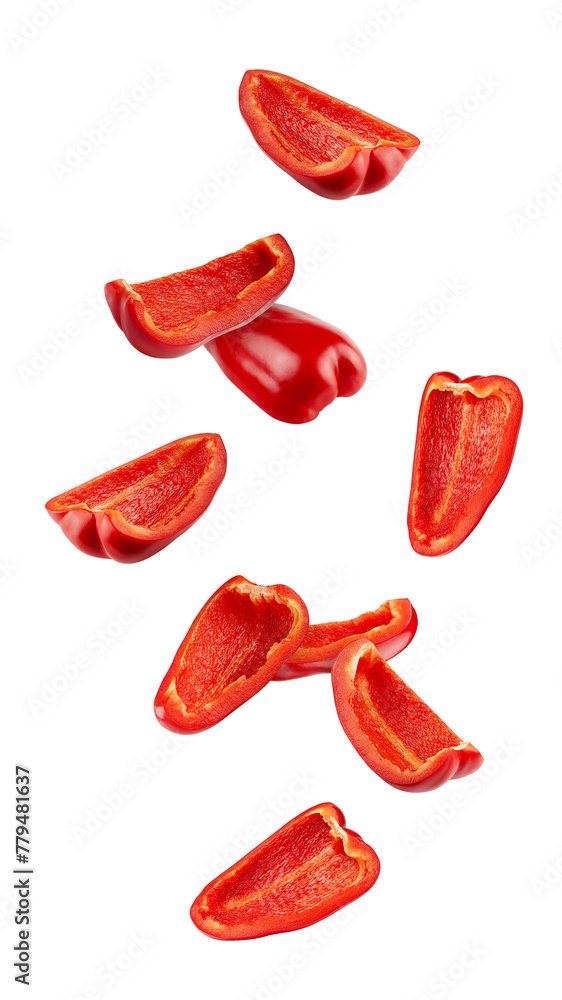 Falling sweet Pepper slice, Paprika, isolated on white background, full depth of field Falling sweet Pepper slice, Paprika, isolated on white background, full depth of field