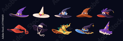 Pointy witch hat, Halloween magic accessory set. Creepy pointed cap for fairy wizard, magician, sorcerer costume. Spooky fantasy warlock headwear with brims. Isolated flat graphic vector illustration