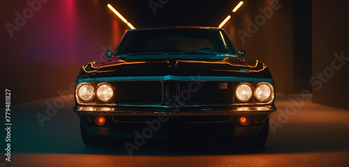 A vintage muscle car, on the road at night in the 80s