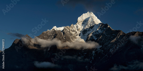 Nepal, Khumbu,Ama Dablam and Kangtega mountains at dusk photo