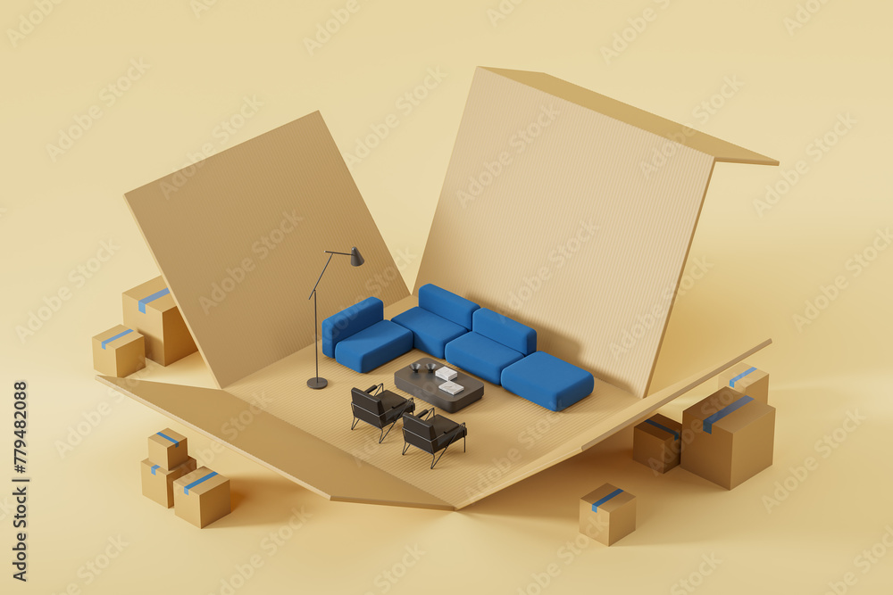 Cardboard box with home living room, moving house and delivery - obrazy, fototapety, plakaty 