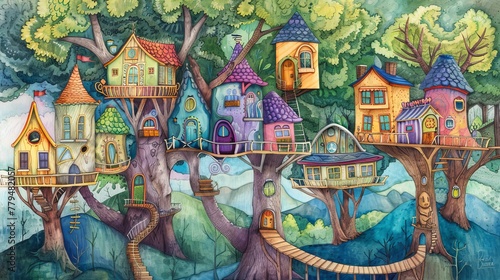 An imaginative drawing of a treehouse village AI generated illustration