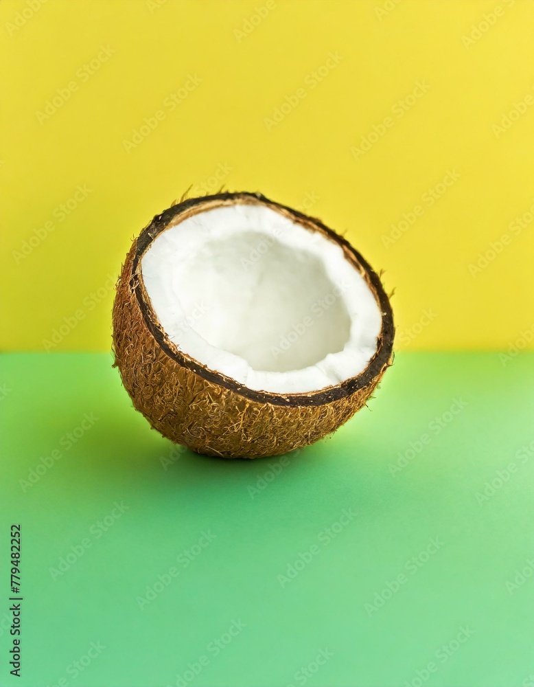 A single, half of coconut at the center against a neutral backdrop A single, half of coconut at the center against a neutral backdrop