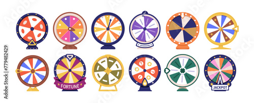 Spinning wheel, casino luck game. Fortune circles, round lucky roulettes set. Lottery fortuna rotation machines for gambling, risk and jackpot. Flat vector illustration isolated on white background
