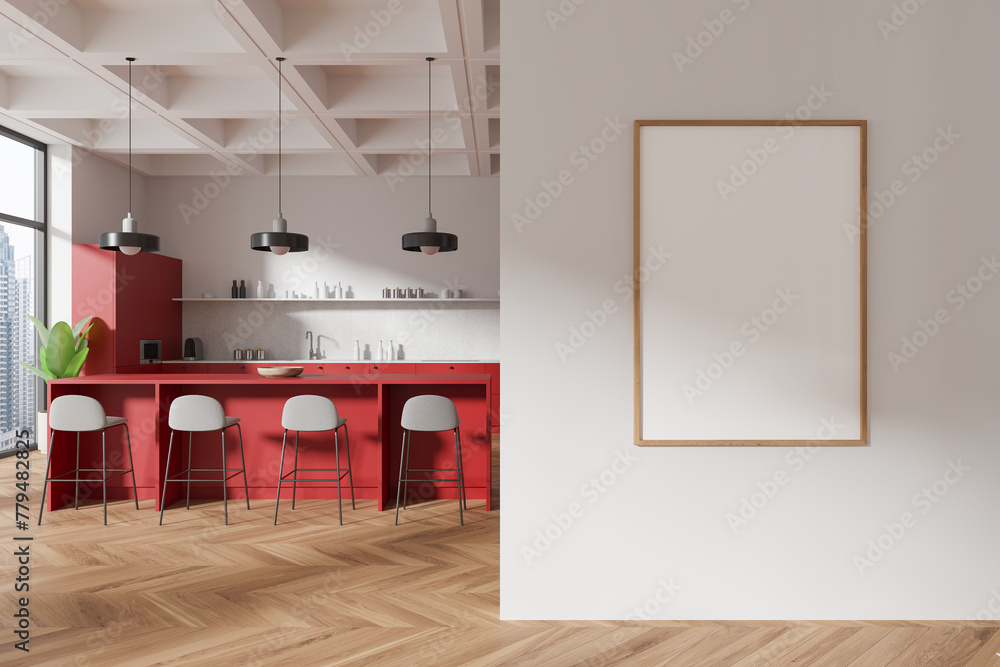 Naklejka premium Modern kitchen interior with a blank poster on the wall, wooden floor, and red cabinets, concept of a home decor template. 3D Rendering