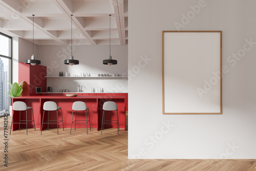 Modern kitchen interior with a blank poster on the wall, wooden floor, and red cabinets, concept of a home decor template. 3D Rendering