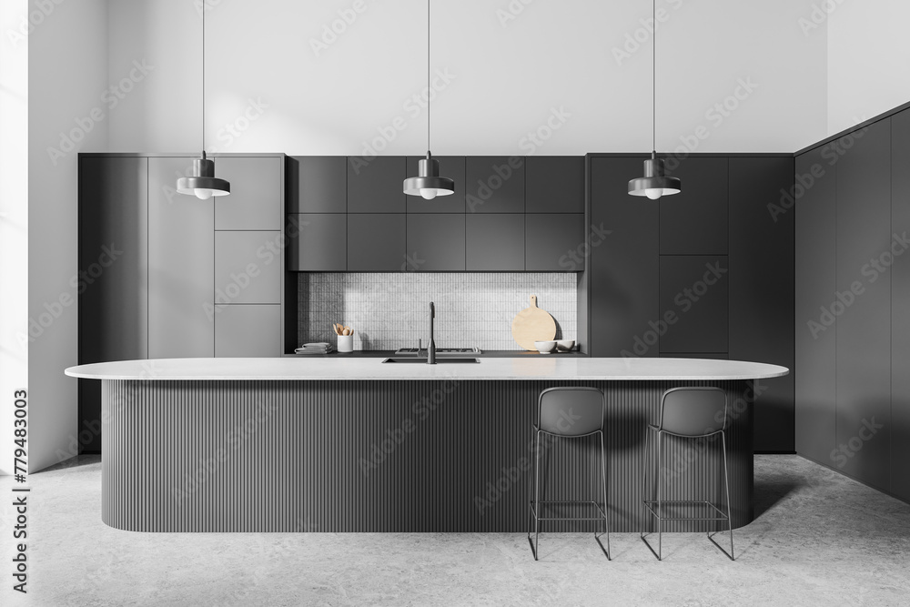 Obraz premium White and gray kitchen interior with island