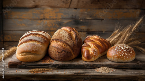 A rustic display of various breads and pastries, including sourdough loaves, French toast rolls, and freshly baked bagels, against an aged wooden background with wheat stalks.