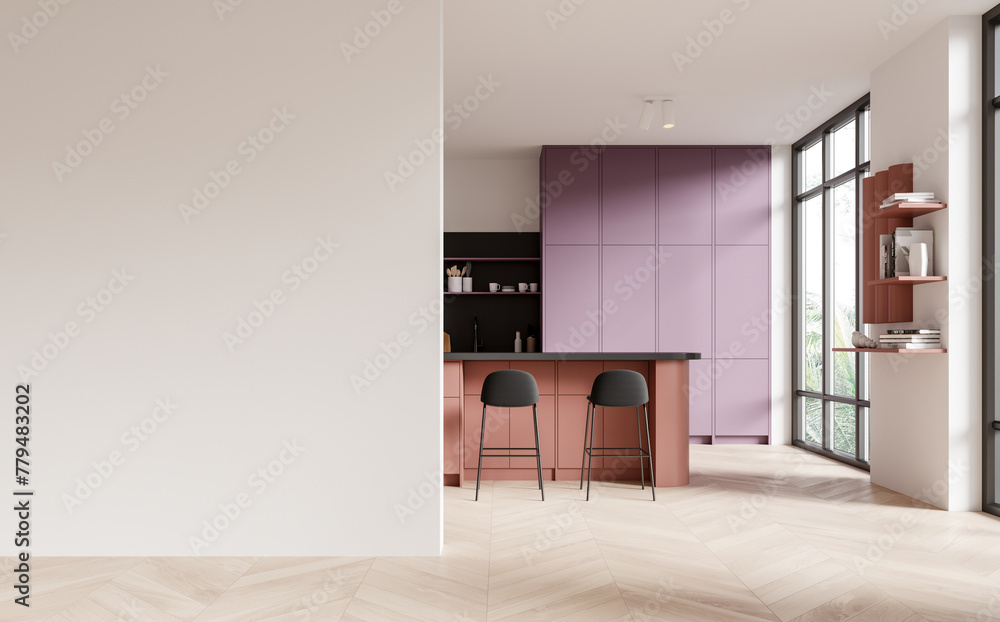 Obraz premium White and purple kitchen interior with island and blank wall