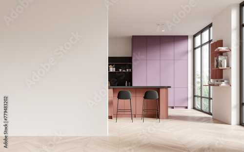 White and purple kitchen interior with island and blank wall
