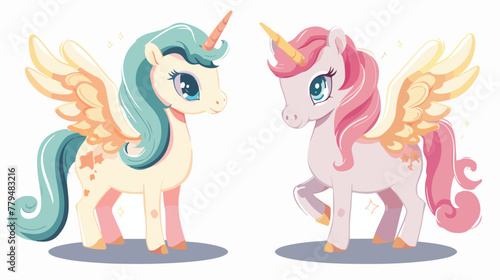 Little winged pony and unicorn Flat vector isolated