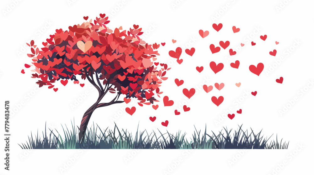 Love tree with hearts on a grass illustration Flat vector