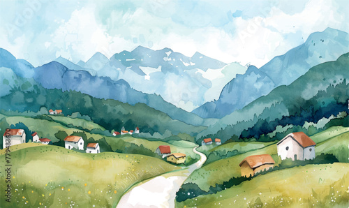 watercolor background illustration village mountains landscape