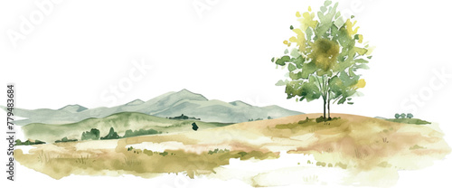 watercolor illustration background landscape with lonely tree