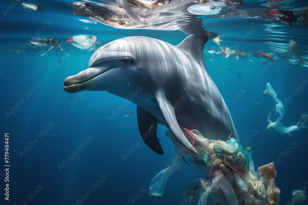 Fototapeta premium Dolphin navigating through floating ocean trash.