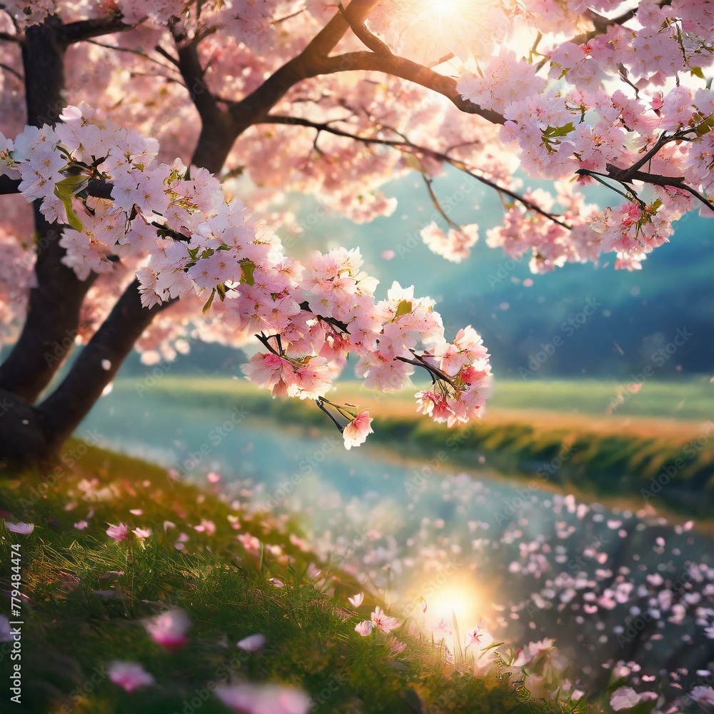 Fototapeta premium flowers set against a backdrop of expansive copy space,,tree in spring the ethereal beauty of cherry blossom 