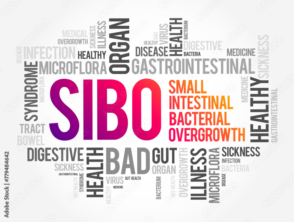 SIBO - Small Intestinal Bacterial Overgrowth is an imbalance of the microorganisms in your gut that maintain healthy digestion, word cloud concept background SIBO - Small Intestinal Bacterial Overgrowth is an imbalance of the microorganisms in your gut that maintain healthy digestion, word cloud concept background
