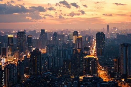 Cityscape, Busy metropolitan cityscape at dusk with skyline illuminated, AI generated © Tanu
