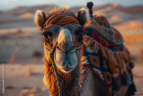 A closeup of a camels snout in the desert, showcasing this working animals role as a pack animal for travel in aeolian landscapes. Camels are terrestrial livestock and camelids photo