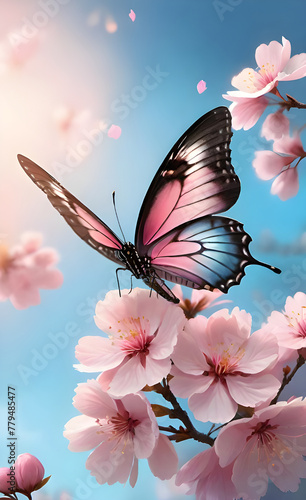 Close-Up of Pink Sakura Blossom with Butterfly