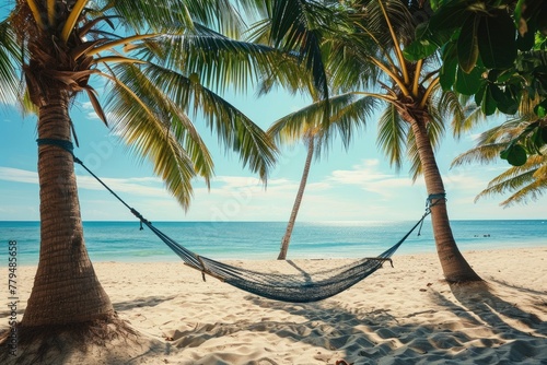 Beach scene hammock, Calm beach scene with hammock between two palm trees, AI generated