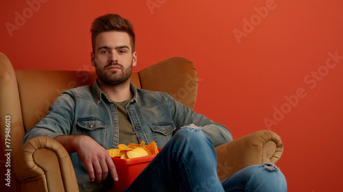 Handsome young man with tasty potato chips sitting in armchair Coral color wall professional photography © Kashif Ali 72