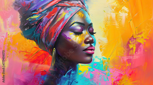 Abstract painting concept. Colorful art portrait of a black woman with modern turban photo