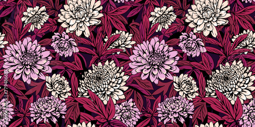 Ornate burgundy jungle leaf seamless pattern with floral. Blossoms abstract artistic flowers dahlias, peonies, chrysanthemums and leaves printing. Vector hand drawn illustration. Template for designs