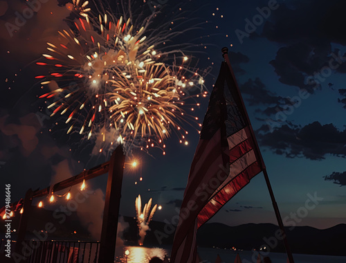 independence day (July 4th, in the us) A photo of the American flag waving in front, with fireworks illuminating the night sky behind during a family picnic for a heavy air show on a night at Lake