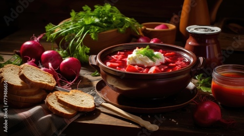 A table featuring a bowl of borscht soup and a loaf of bread. photo