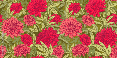 Artistic abstract green jungle and red beatify floral seamless pattern. Summer ornate background with blooming flowers dahlias, peonies, chrysanthemums, leaves. Vector drawn illustration.