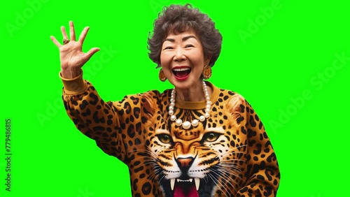 Osaka’s auntie wearing a leopard print sweatshirt is waving her hand in the meeting place.  green background. photo