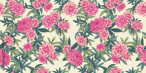Artistic abstract green tropical leaves branches and blooming colorful floral seamless pattern. Summer background with flowers dahlias, peonies, chrysanthemums printing. Vector drawn illustration.