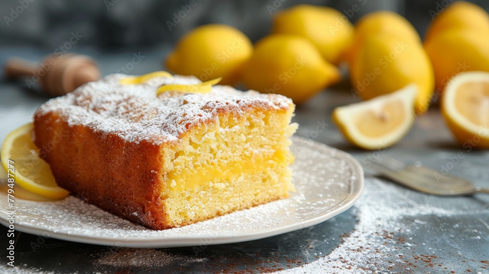 Lemon baked cake, tasty classic dessert on a plate