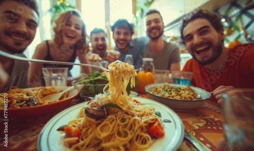 Detail of group people eating home made pasta