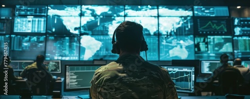Military people with computer screens. Soldiers in the command room monitoring data on earth map
