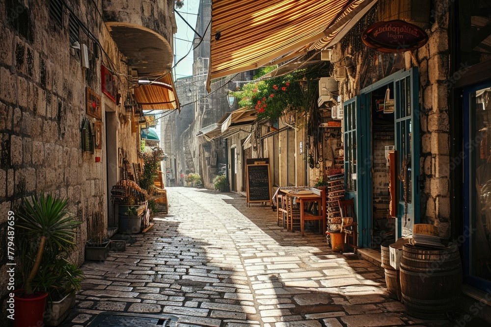 Fototapeta premium Cobbled streets of a bustling marketplace, Ai Generated