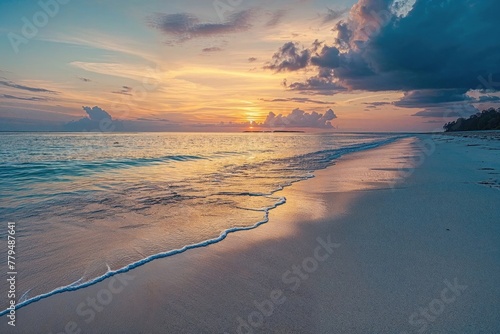 Wanderlust background with Magical Sunset Beach. Tranquil Vacation Destination. photo