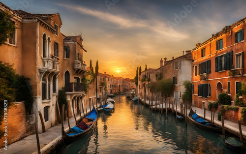 Golden hour at Venice canals, warm light reflecting on water, romantic, timeless beauty. © julien.habis