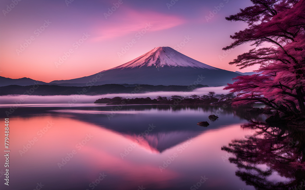 Misty Mount Fuji at dawn, pink skies, iconic silhouette reflected in Lake Kawaguchi