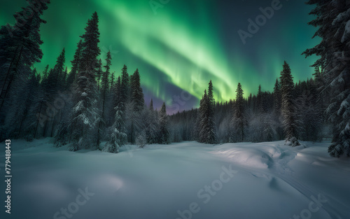 Northern Lights over snow-covered Lapland forest, ethereal green skies, silent, magical winter night