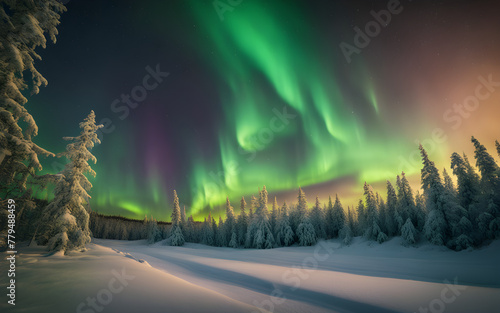 Northern Lights over snow-covered Lapland forest, ethereal green skies, silent, magical winter night