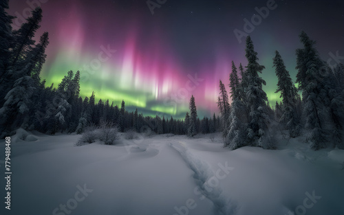 Northern Lights over snow-covered Lapland forest, ethereal green skies, silent, magical winter night © julien.habis