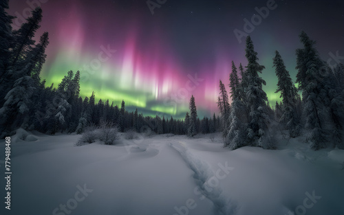 Northern Lights over snow-covered Lapland forest, ethereal green skies, silent, magical winter night